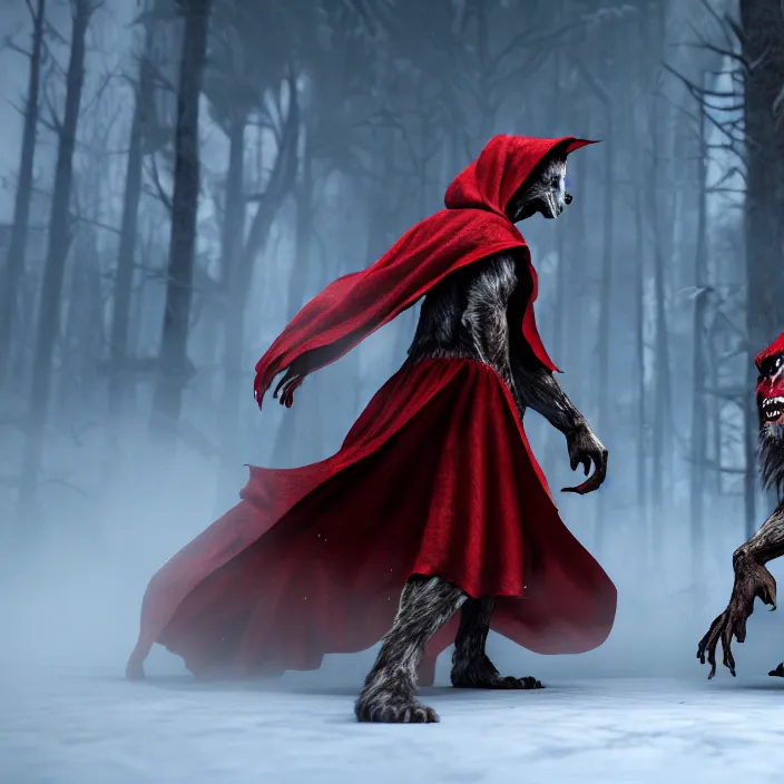 Image similar to beautiful red riding hood warrior confronting a werewolf ,highly detailed, 8k, HDR, award-winning, trending on artstation, octane render