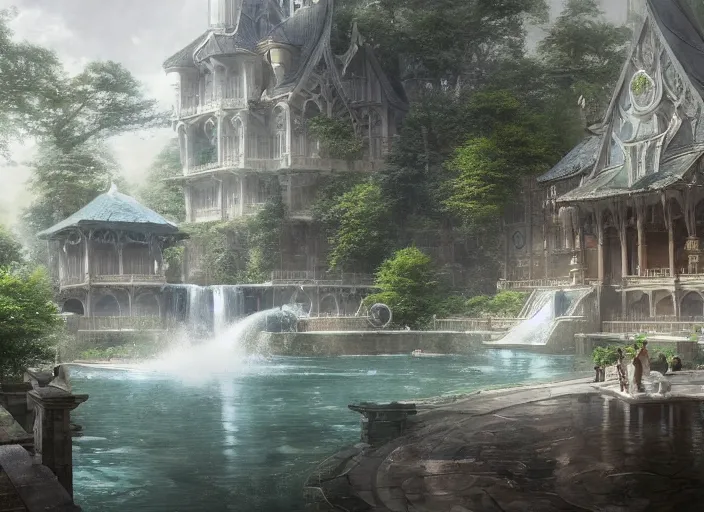 Image similar to A bathhouse with flowing water in a beautiful elven city made of white marble, anime, lush trees, fountain, a fantasy digital painting by Greg Rutkowski and James Gurney, trending on Artstation, highly detailed