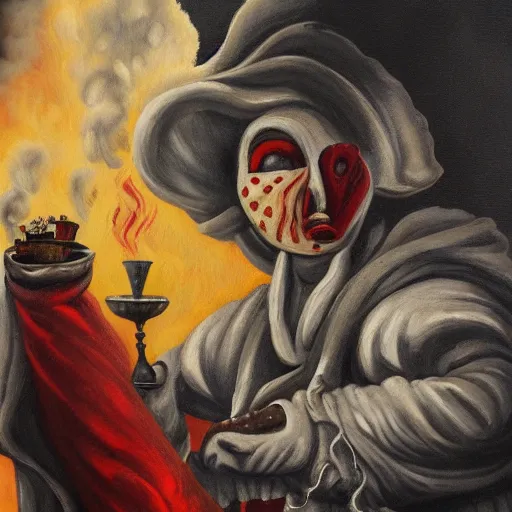 Image similar to a highly detailed pulcinella with a pizza margherita, black mask, full body, volcano in background, lava and smoke, ominous, detailed painting by arturo faldi, trending on deviantart, octane, masterpiece, masqua