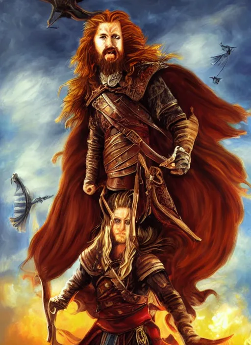Image similar to epic fantasy portrait painting of a long haired, red headed male sky - pirate in front of an airship in the style of game of thrones