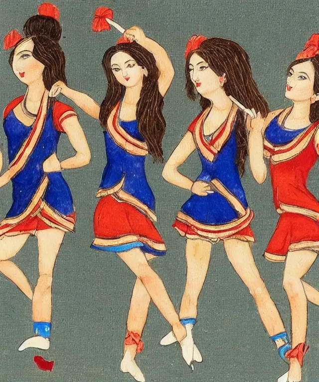 Image similar to a persian miniature painting, cute cheerleaders dancing, shorts, ultra sharp, extra details, ultra high quality, trending on pinteresst