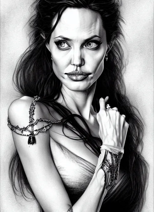 Prompt: a pencil drawing portrait of angelina jolie as a vampire lord, in a dress, jewelry, greek, intricate, headshot, highly detailed, drawn with pencil, black and white, artstation, concept art, sharp focus, cinematic lighting, illustration, art by artgerm and greg rutkowski, alphonse mucha, cgsociety