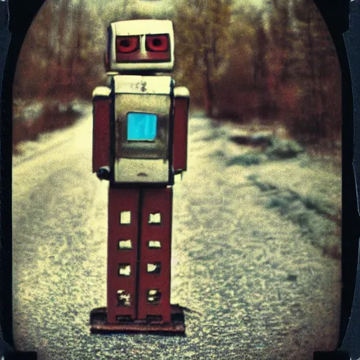 Image similar to polaroid of funny robot walking in abandoned soviet city