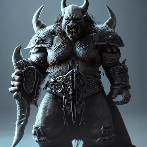 Image similar to full shot orc character, lord of the rings, final fantasy, warcraft, diablo, dark fantasy, moody, highly detailed, centered, artstation, smooth, sharp focus, octane render, maya render