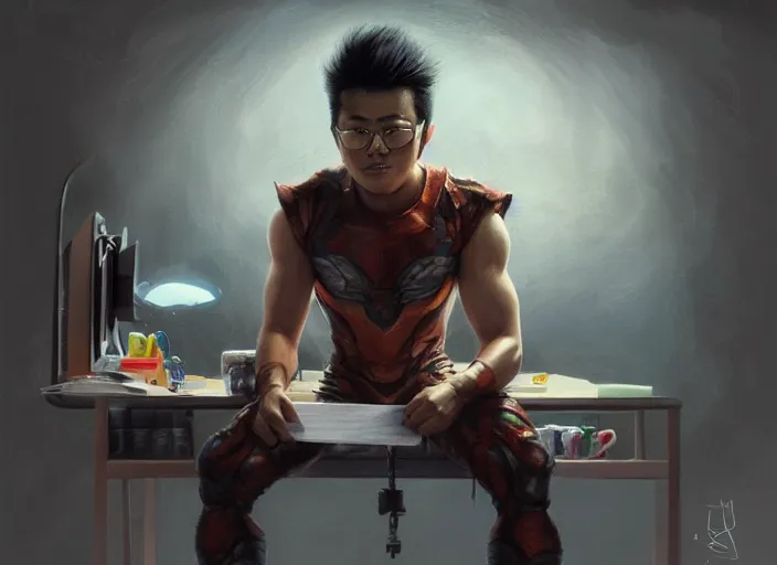 Image similar to an insanely detailed and realistic painting of an asian man wearing a homemade superhero costume, sitting at a desk, staring seriously at the computer and typing, in the style of peter mohrbacher, james jean, artgerm, dramatic lighting and composition, surreal background, octane render, pixar, trending on artstation, concept art, comic book, 8 k