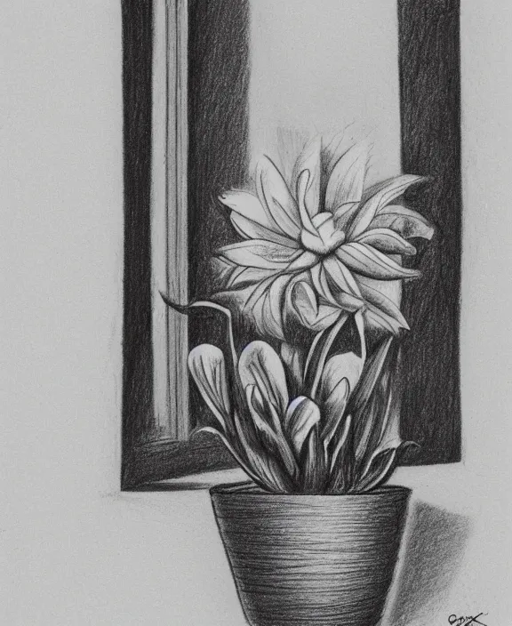 Image similar to a pencil drawing of a flower in a clay pot on a window sill. by pen tacular