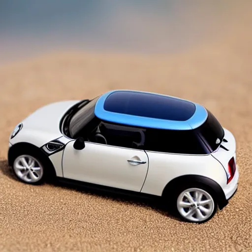 Image similar to a 4 k photorealistic photo of a miniature mini cooper car on a beach, natural soft lighting, outdoors, medium shot sandy