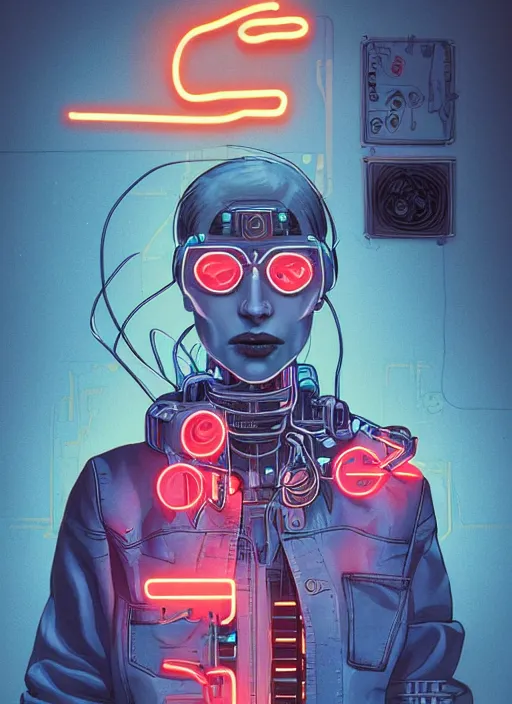 Image similar to portrait of a cyborg humanoid girl with mechanical and electronic element, denim jacket surrounded by neon light, illustrated by Michael Whelan and Laurie Greasley, highly detailed, trending on artstation