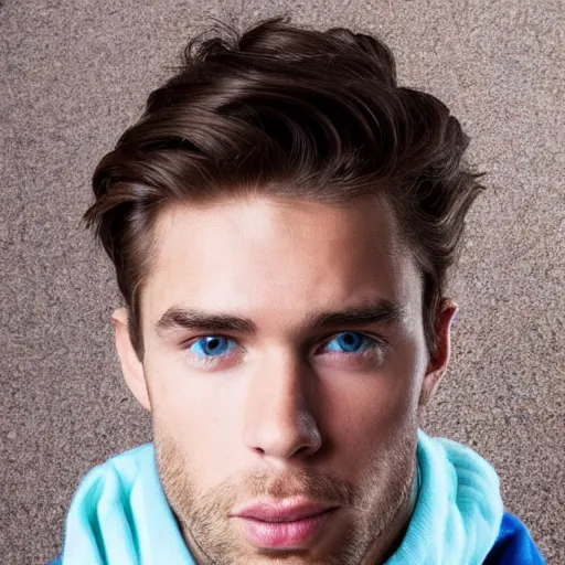 Prompt: a beautiful portrait of a man with brown hair blue eyes a stunning gaze wearing a hoodie, symmetrical face,