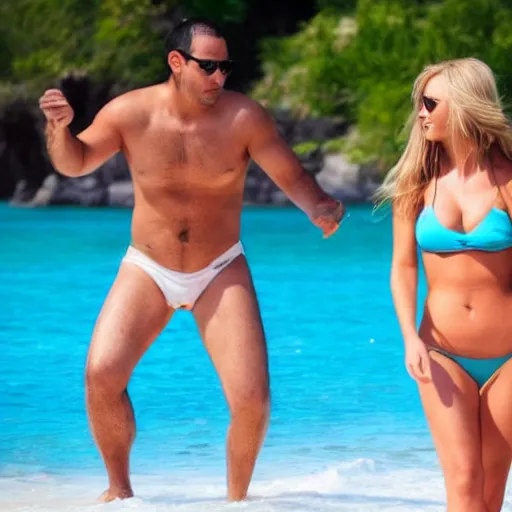 Image similar to photo of a 4 0 year old man that looks young for his age dating a very attractive 2 2 year old woman wearing a bikini. she is picking something up
