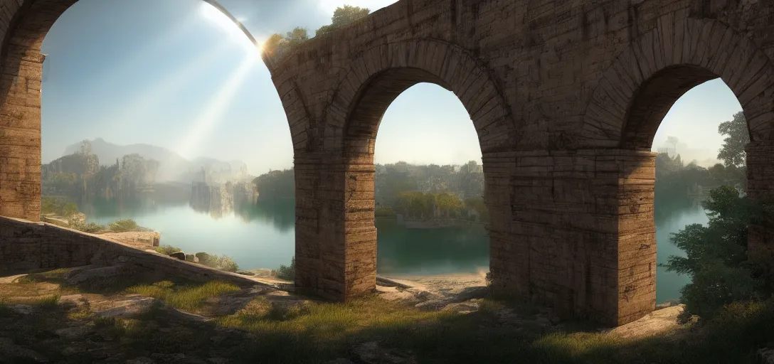 Image similar to epic view of giant roman aqueduct over beautiful lake, unreal engine, dramatic lighting, detailed, ambient occlusion, global illumination, god rays, 3 d artstation render by greg rutowski and jessica rossier