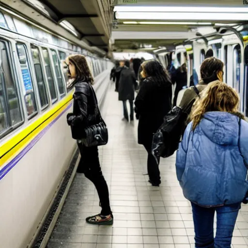 Prompt: people of rer b, subway, atmosphere, sad mood