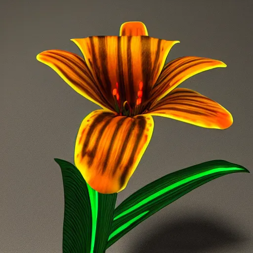 Image similar to a tiger lily flower made out of metal, shiny, reflective, glowing, unreal engine, high quality