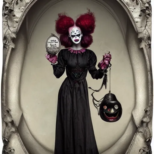 Image similar to ultra realist soft painting of a single beautiful female clown with gothic makeup big smile croocked teeth in a long dress, curiosities carnival, symmetry accurate features, very intricate details, focus, curvy, artstyle by Tom Bagshaw, award winning