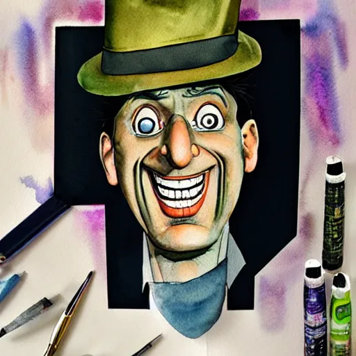 Image similar to portrait of inspector gadget manically laughing, it is evening, the mood of the picture is dark and menacing, rubbing alcohol watercolor ,hyper detailed, hyper realistic, by Botticelli
