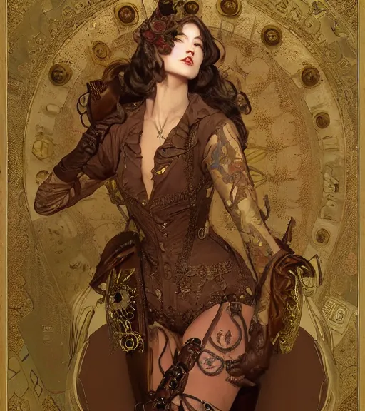 Image similar to woman model, intricate steampunk clothes, in a bedroom!!!!!!!!!!!!!!!!!!!!, elegant, highly detailed, digital painting, artstation, concept art, smooth, sharp focus, illustration, art by krenz cushart and artem demura and alphonse mucha