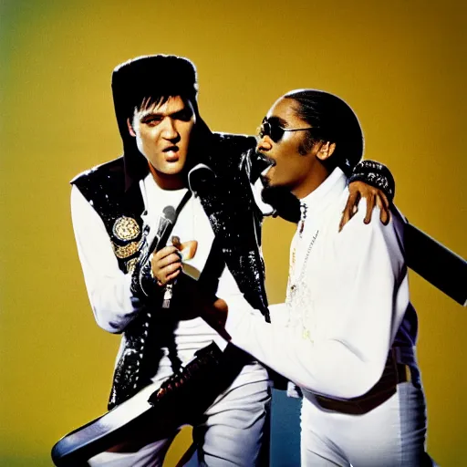 Prompt: elvis presley and snoop dog singing a duet one microphone, in las vegas, detailed, beautiful, dolby digital color, f 1. 8, promotional poster, photorealistic