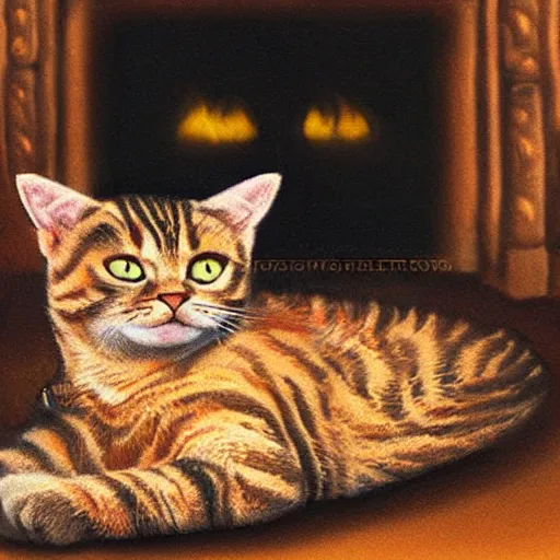 Prompt: album cover of a sad tabby cat lying in front of fireplace, photorealistic