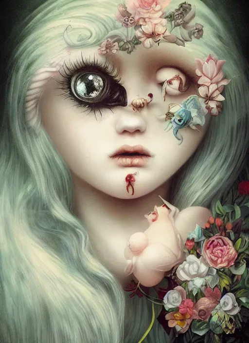 Image similar to pop surrealism, lowbrow art, realistic cute seductive female painting, japanese artist kaname ozuma, hyper realism, muted colours, rococo, dorian clevenger, natalie shau tom bagshaw, mark ryden, trevor brown style,