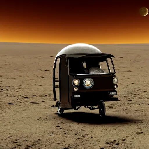 Prompt: a dark auto rickshaw traveling on the surface of the moon, moon craters, night sky, milky way, hard lighting, matte painting, concept art, 4k