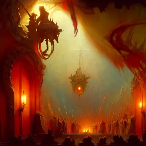 Image similar to a chapel's ceiling is broken in half as a red magical portal from hell opens up there and demons with lucifer start pouring in. highly detailed painting by gaston bussiere, greg rutkowski, craig mullins 8 k