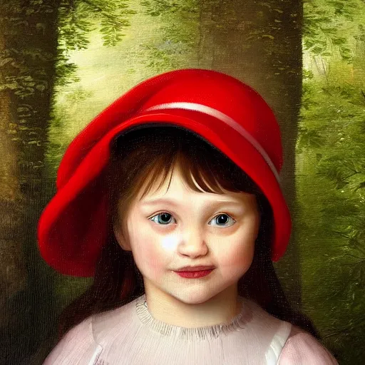 Prompt: A hyperdetailed digital oil portrait painting of a little girl in the red hat,forest ,happy,by Brueghel the Elder, Trending on ArtStation and DeviantArt. Digital art.