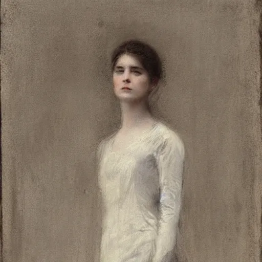 Prompt: portrait of a young action heroine, white dress, by alfred stevens in charcoal