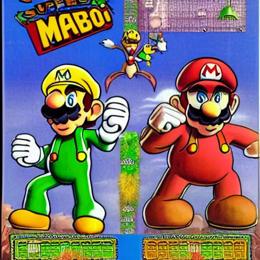 Image similar to video game box art of a commodore 6 4 game called super mario bros and metroid, highly detailed cover art.