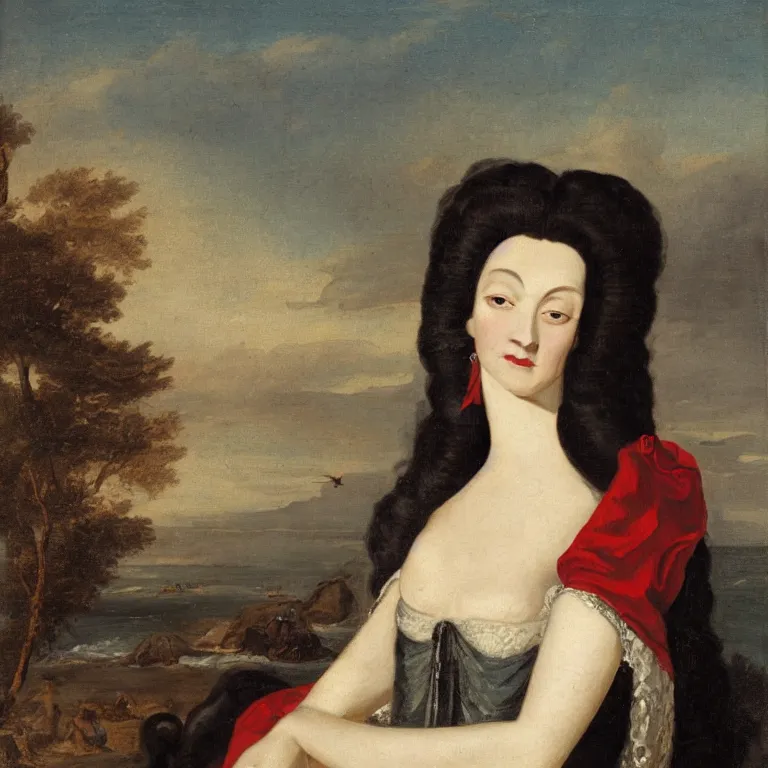 Image similar to portrait of ancient vampire queen enjoying a day at the beach, 18th century