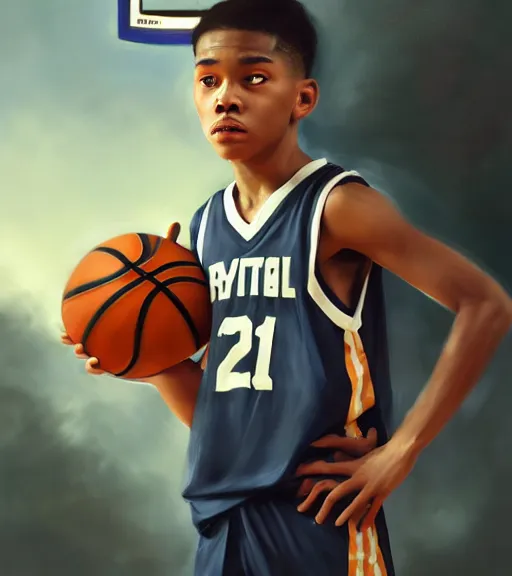 Image similar to "portrait of a boy at a basketball court playing basketball wearing a basketball uniform in a basketball court standing near the basketball hoop