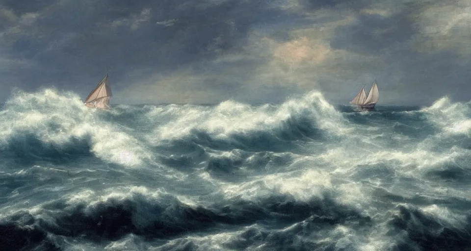 Image similar to ocean landscape with stormy waves and a sailboat in the foreground and a shining island in the background