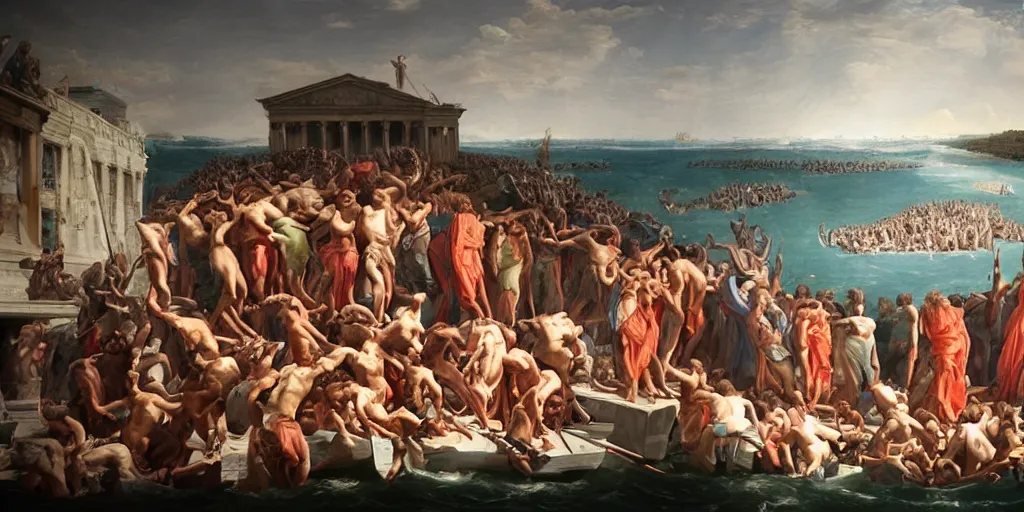 Image similar to a mix between the raft of the medusa and the school of athens, matte painting, oil canvas, photorealistic illustration, extreme detail, hyper realistic, highly detailed, digital art