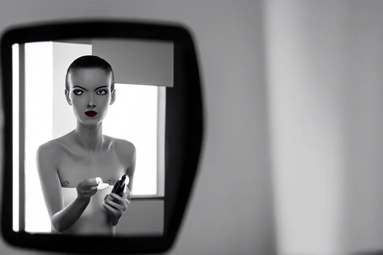 Image similar to beautiful female android, putting on makeup in front of a bathroom mirror, cinematic, black and white movie, still photo. by james jean and moebius