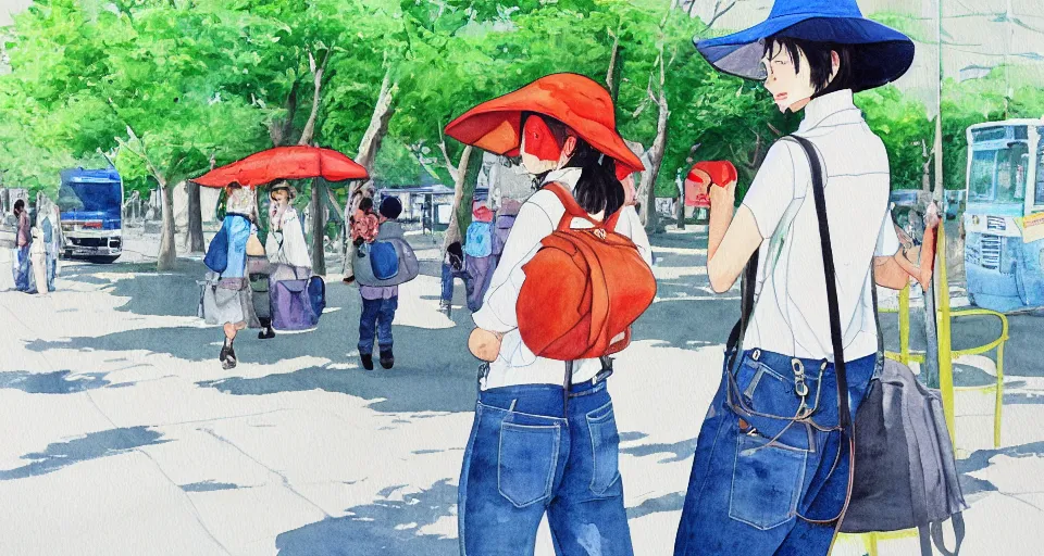 Image similar to cowgirl in bucket hat and dark green skinny jeans and carrying blue bag with red apple print waits at blue metro bus stop totoro watercolor studio ghibli Kazuo Oga painting urban background dappled medium portrait