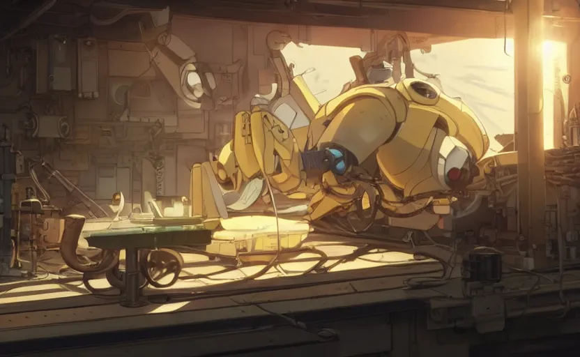 Image similar to an anime mechanical robot cat sleeping on a mechanics workbench in a spaceport in dieselpunk ghibli animated film, volumetric lighting, octane render by stanley artgerm, greg rutkowski, studio ghibli, alphonse mucha, norman rockwel, highly detailed, warm lighting, lens flare