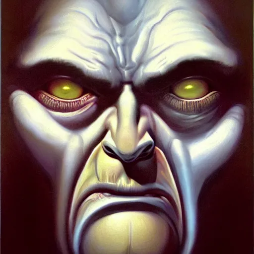 Image similar to very closeup face, big eyes, angry old man, surrealism, painting by boris vallejo and michael whelan