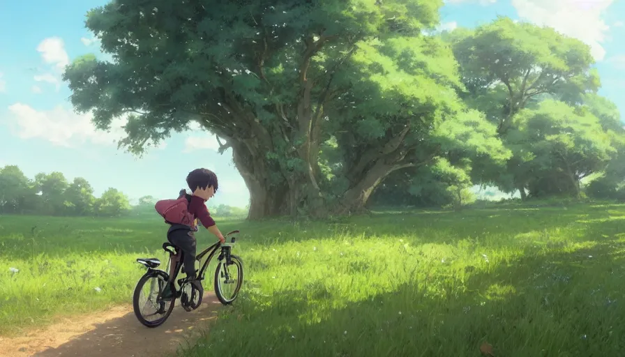 Image similar to a kid riding a bike on a trail in a lush field, studio lit directed gaze, trending on pixiv fanbox, painted by greg rutkowski makoto shinkai takashi takeuchi studio ghibli