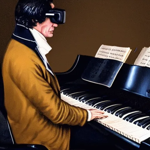 Image similar to beethoven composing at the piano, wearing a vr headset, dim lighting, dark room, candle light