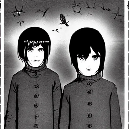 Prompt: midwich cuckoos wyndham. the children are emo manga. folk horror. detailed