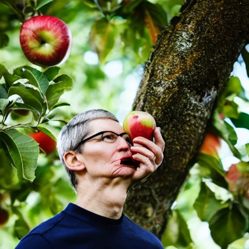 Prompt: tim cook eating apple inside the trunk of a giant apple tree, macro 25 mm photography