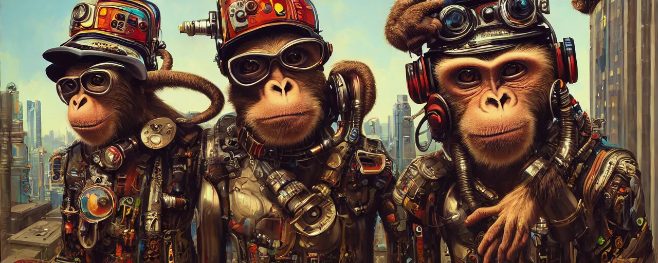 Prompt: a portrait of three anthropomorphic cyberpunk monkey wearing a helmet, beating the bongos by sandra chevrier, by jon foster, detailed render, cymbals, epic composition, cybernetics, 4 k realistic, bongos, cryengine, realistic shaded lighting, sharp focus, masterpiece, by enki bilal