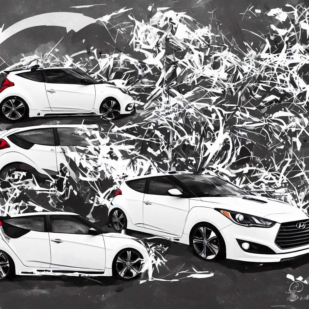 Image similar to white hyundai veloster n parked outside 7 / 1 1, hard parked stance, digital art, super aesthetic, art station, cartoon novel style