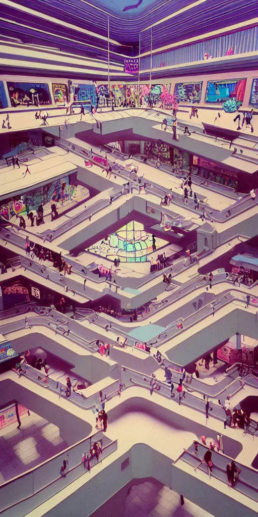 Prompt: huge sprawling gargantuan angular dimension of infinite indoor landscape 8 0 s mall interior. surrealism, mallsoft, vaporwave. muted colors, 8 0 s pop culture, food court, shot from above, endless, never - ending epic scale by escher and ricardo bofill