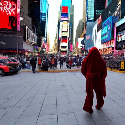 Prompt: ghostface from the scream movie franchise walking in times square