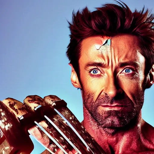 Image similar to a head and shoulders photograph of Hugh Jackman as a Zombie Wolverine Butcher, golden hour