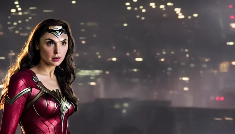Image similar to Gal Gadot as Scarlet Witch, Cinematography by Roger Deakins, 4k, ultra wide, f1.8 anamorphic, bokeh, 4k,
