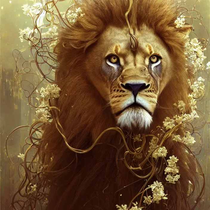 Prompt: hyperrealist portrait of a 2 0 4 4 space sport lion, it is decorated with long gold wires and white flowers that fall like vines and wears a huge computer crown. by jeremy mann and alphonse mucha, fantasy art, photo realistic, dynamic lighting, artstation, poster, volumetric lighting, dramatic light, very detailed faces, 8 k, award winning