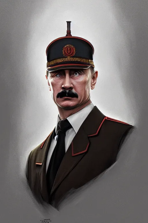 Image similar to vladimir putin as hitler, realistic portrait, symmetrical, highly detailed, digital painting, artstation, concept art, smooth, sharp focus, illustration, cinematic lighting, art by artgerm and greg rutkowski and alphonse mucha