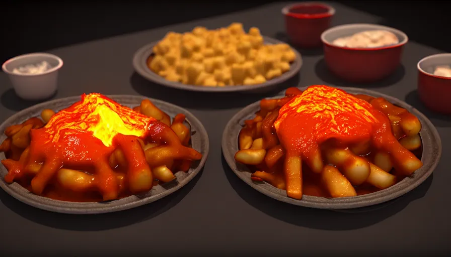 Prompt: poutine ( the canadian meal ) from mount doom, volcano texture, lava texture, fire texture, cheese curds texture, 8 k, octande render, unreal engine 5, surface blemishes, hdr