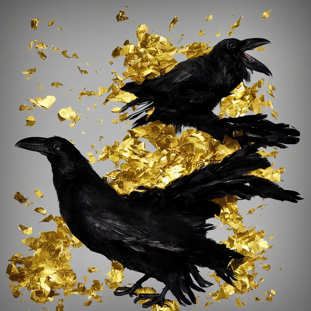 Prompt: Raven with feathers made of gold leaf, white background, octane render, dramatic action shot